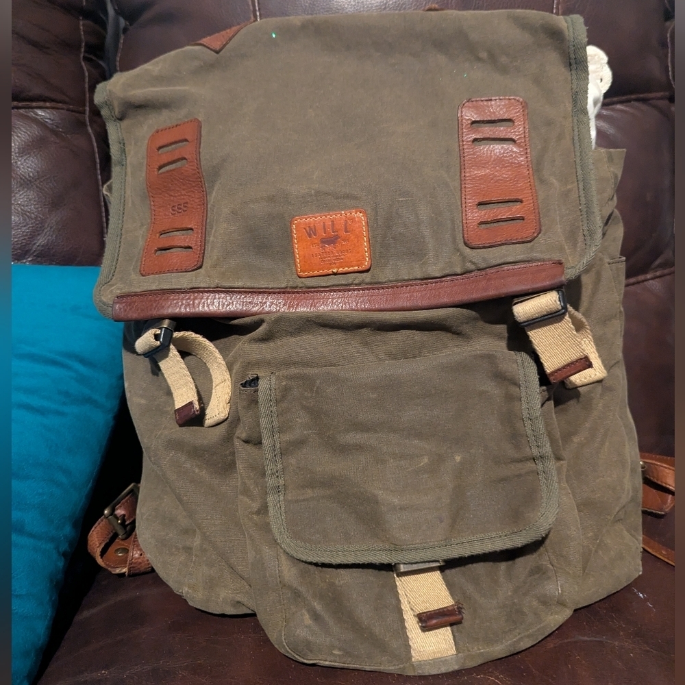 Will Olive Canvas Roll-Top Backpack with Leather Trim